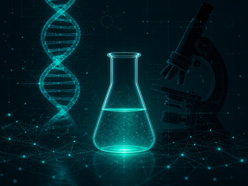 Neon uslubdagi laboratoriya: kolba, DNK spirali va mikroskop